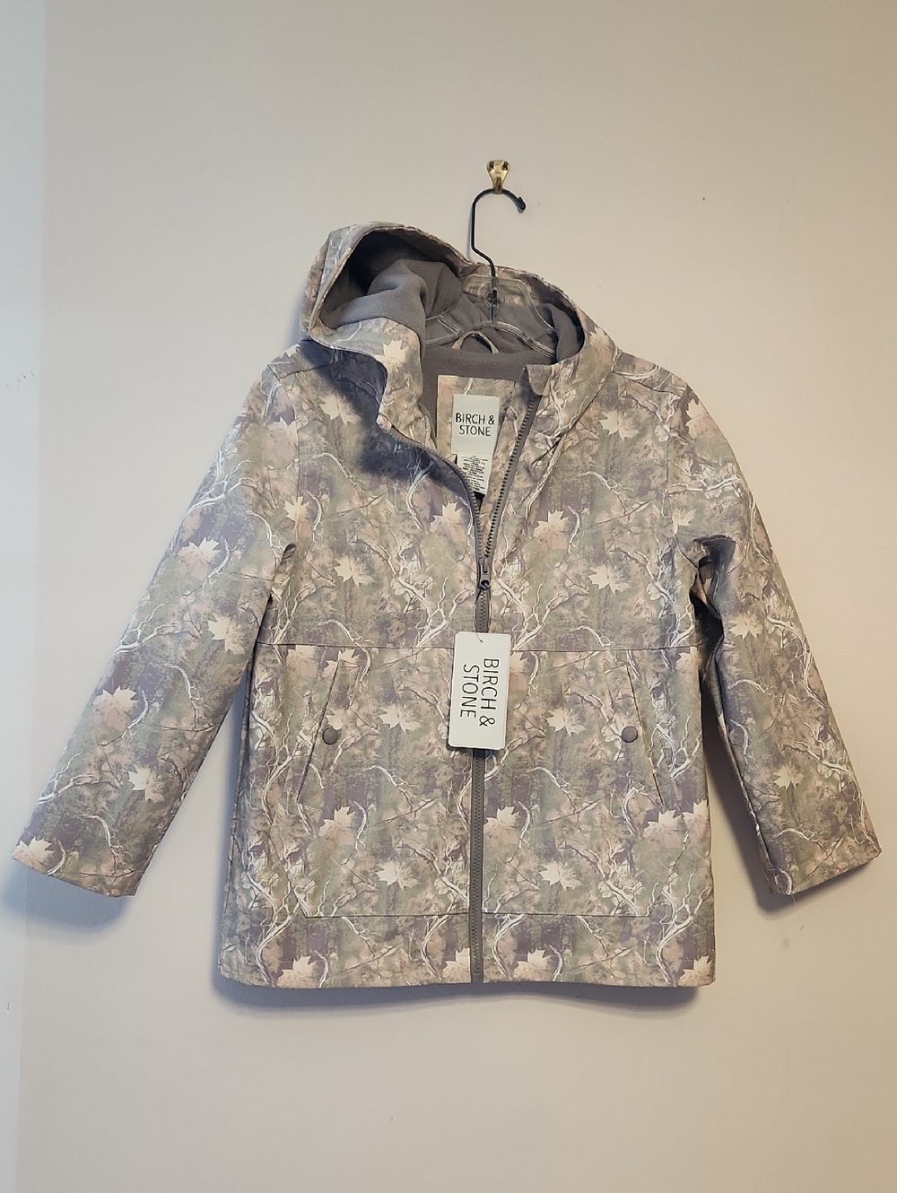 Birch & Stone Kids' Hooded Atumn Leafes Print Fleece Lined Rain Jacket Sz 10